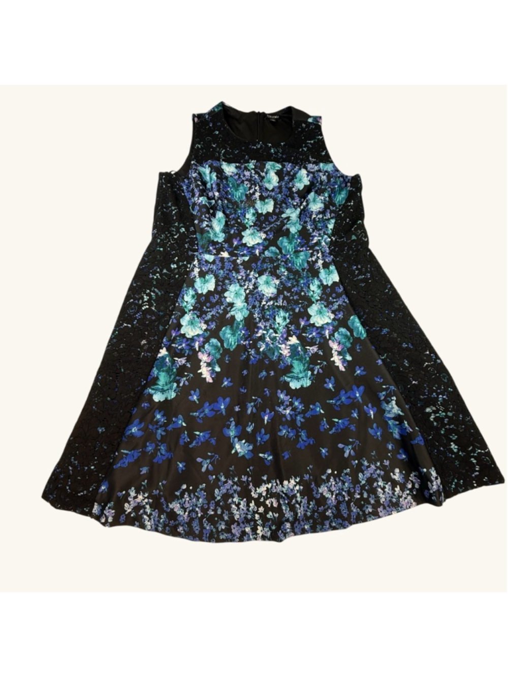 Roz & Ali Women’s Floral Cold Shoulder Dress Size 22 Blue Black Lace Sleeve Fit